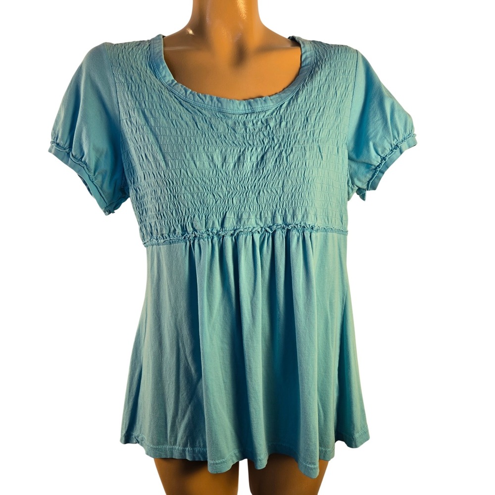 Illusion Smocked Tunic Top Women's 1X‎ Short Puff Sleeve Round Neck Blue Casual